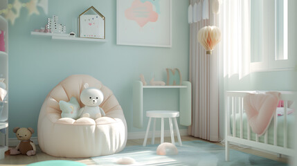 A baby's nursery with a white crib, a pink and white chair, and a white desk