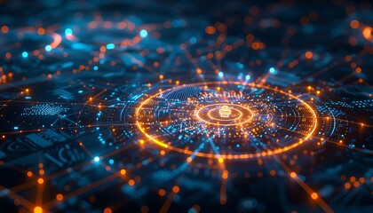 Central chatbot icon in a glowing network of blue and orange connections, highlighting advanced digital communication technology