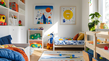 A child's bedroom with a blue and white bed, a toy box, and a potted plant