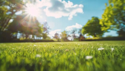 idyllic spring park with a manicured lawn surrounded by lush trees and fluffy clouds blurred background photography