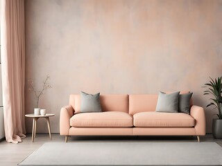  Peach fuzz interior room trend color year 2024. Texture mockup wall for art - microcement pastel apricot beige tan colour plaster. Modern room design living lounge. Accent cozy gray sofa. 3d render 