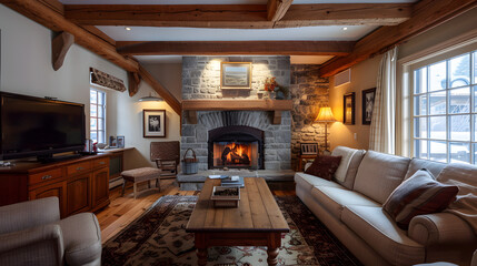 A large living room with a fireplace, a coffee table, and a few potted plants