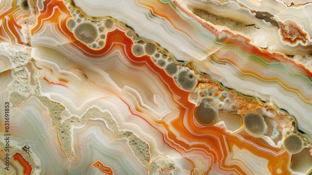 Poster mesmerizing patterns and textures of light colored jasper mineral slice for background with colorful