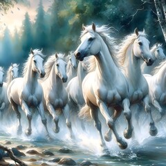 White horses running through a river surrounded by rocks and trees.