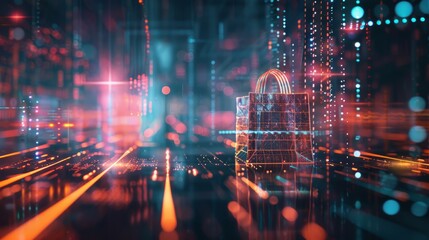 Obraz premium A digital landscape showing a stream of data leading to a virtual shopping bag, online shopping, dynamic and dramatic compositions