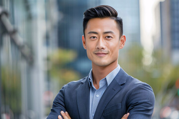 Handsome Young Asian Businessman in a Blue Suit Standing Confidently Outdoors with City Buildings in the Background