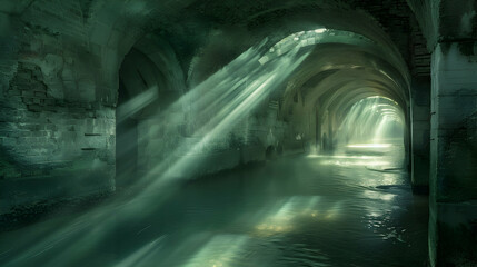 Naklejka premium A haunting image of a subterranean river flowing through a sewer system, with beams of natural light filtering through small openings and casting ethereal, ghostly shadows on the water and walls.