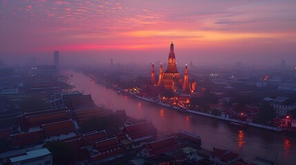 Captivating Sunrise over the Iconic Temple of Dawn in Bangkok