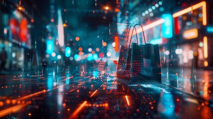 Obraz premium A digital landscape showing a stream of data leading to a virtual shopping bag, online shopping, dynamic and dramatic compositions