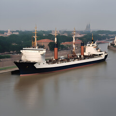 Modern ship in the port for transportation maritime logistics merchant navy with water background