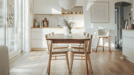 A large, open room with a wooden dining table and chairs