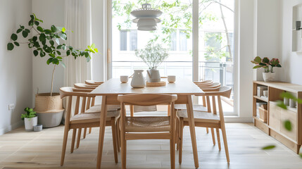 A large, open room with a wooden dining table and chairs
