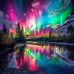 mesmerizing aurora dancing over tranquil river colorful lights reflecting on water night sky nature photography