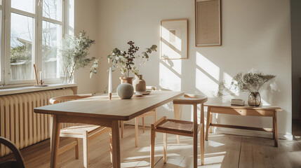 A large wooden dining table with a vase of flowers in the center