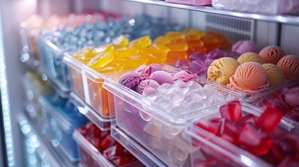 Detailed shot of a fridge door open, showing neatly stacked ice cream containers in various flavors, ice cubes filling the freezer drawer