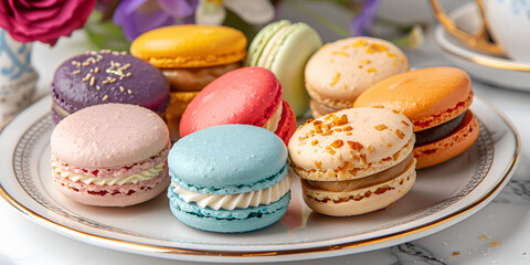 Obraz premium Colorful Macarons on Plate | Delicious French Desserts