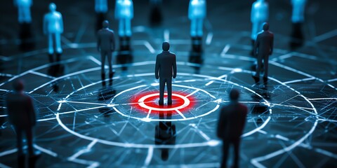 Digital illustration of human figures connected by a network, with one figure standing on a red target, symbolizing targeting, networking, and data analysis in a digital landscape.