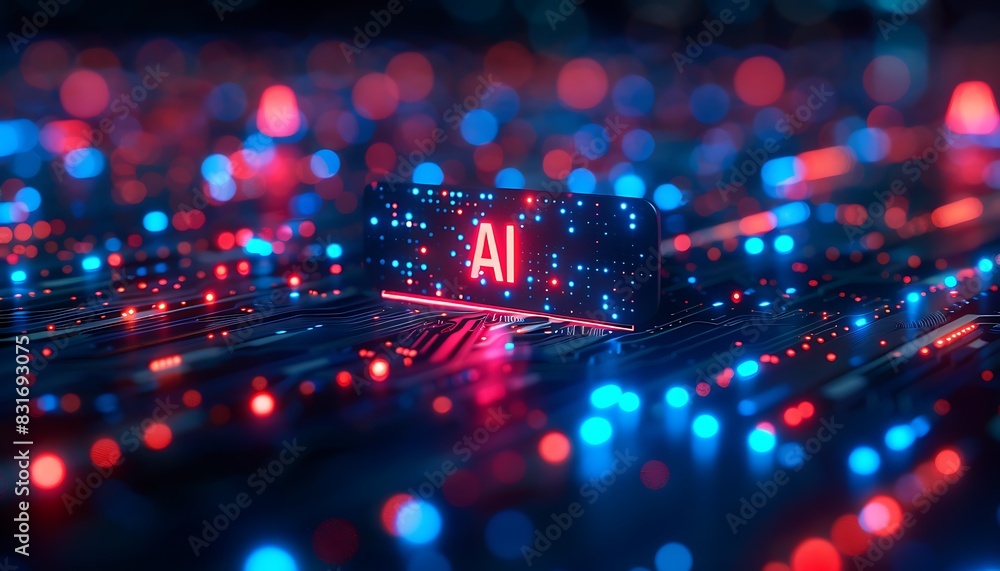 Fototapete AI illuminated on a tablet screen amidst a matrix of glowing code, with blue and red bokeh lights creating a futuristic atmosphere