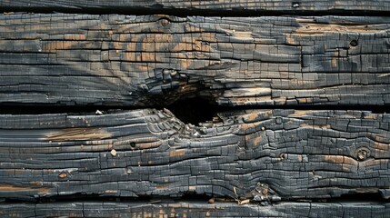 Detailed close-up of a wooden deck with a large hole, cracked and splintered boards, weathered surface, raw and natural texture