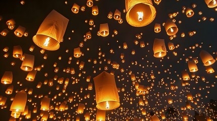 Thousands of Glowing Lanterns Adorn the Enchanting Night Sky During a Festive in Thailand