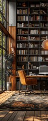 Fototapeta premium Elegant home office with library, cozy leather chair, wooden shelves, large windows, and stylish decor, bathed in natural light.