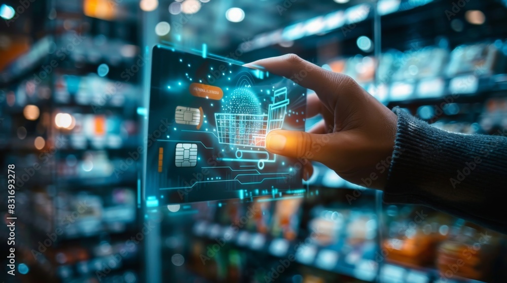 Poster a futuristic image of a hand holding a digital credit card in front of a virtual store representing 