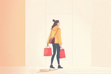 A woman in a minimal flat design style walking out of a store with shopping bags, with simple shapes and a light background