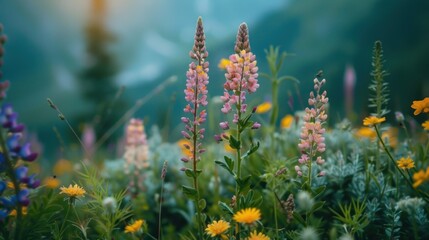 Obraz premium Amidst the symphony of nature's sounds, the camera captures the quiet grace of mountain herbs, their subtle beauty a testament to the serenity of the alpine landscape.