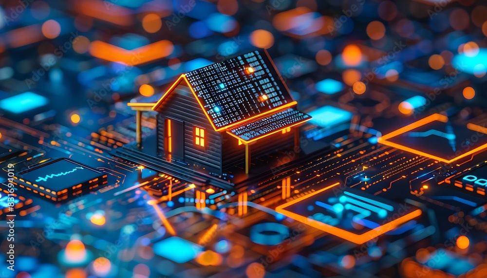 Poster smart home setup with ai-driven devices, featuring a holographic house and glowing blue and orange e