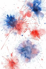 Red, white and blue fireworks illustration with an abstract watercolor style. 