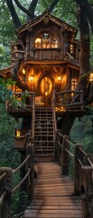 Obraz premium Enchanting treehouse in a lush forest, illuminated warmly, accessible by a rustic wooden bridge. Ideal for nature lovers and adventurers.
