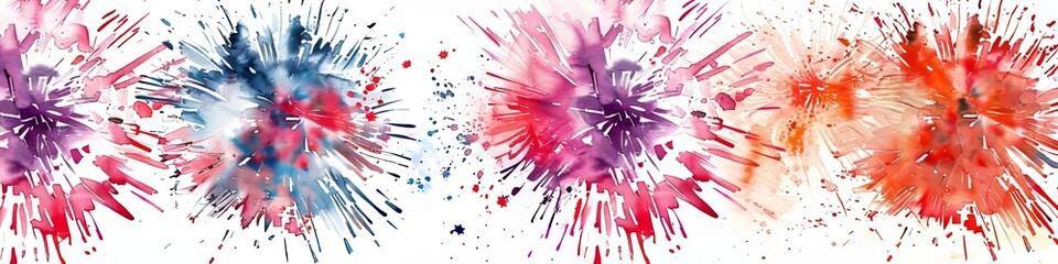 Red, white and blue fireworks illustration with an abstract watercolor style. 