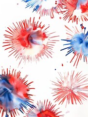 Red, white and blue fireworks illustration with an abstract watercolor style. 