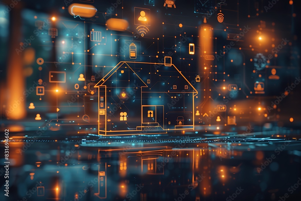 Aufkleber Advanced smart home with a holographic house model on a digital tablet, showcasing interconnected AI-driven devices in a futuristic setup