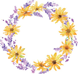 ラベンダーと向日葵の水彩ベクターフレーム。水彩画。水彩タッチの夏の花フレーム。Watercolor vector frame of lavender and sunflowers. Watercolor painting. Summer flower frame with watercolor touch.