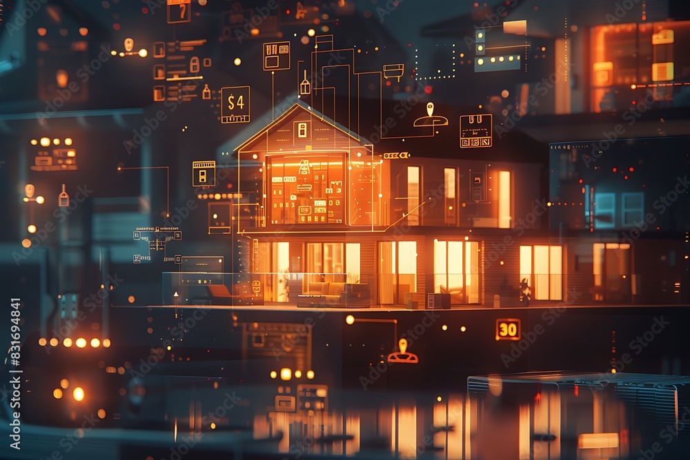 Fototapete advanced smart home with a holographic house model on a digital tablet, showcasing interconnected ai