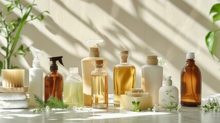 Close-up view of natural cleaning products, various bottle types, and eco-conscious labels, isolated on a white background, studio lighting