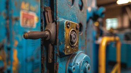 Close-up view of a key turning in a heavy-duty, industrial-style front door lock, focusing on the rugged design and mechanical components