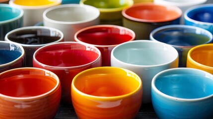 Close-up, vibrant ceramic cups in various colors arranged in a symmetrical pattern, isolated background, studio lighting