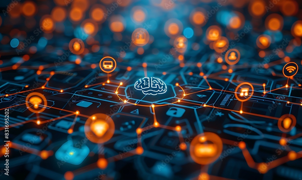 Fototapete digital brain at the center of a connected iot network with glowing icons and digital lines, highlig