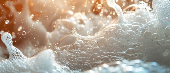 Close-up of soapy bubbles, rich in texture, forming layers within the washing machine, emphasizing the cleansing process in action