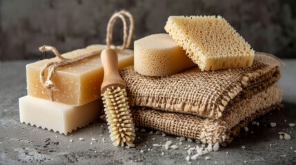 Close-up of eco-friendly cleaning essentials, featuring biodegradable soap, reusable sponges, and bamboo cleaning brushes, isolated background, studio lighting