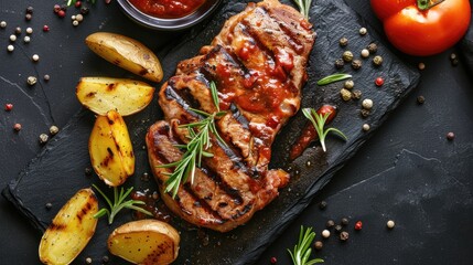 Grilled pork served with a red sauce and potatoes