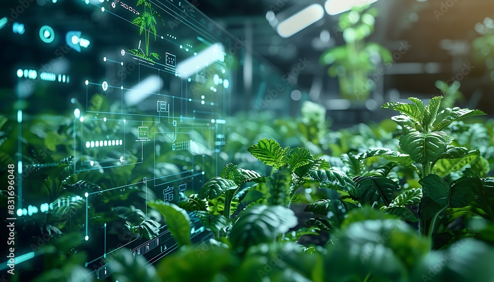 Poster ai-integrated farm control center with lush green plants and a transparent digital interface showcas