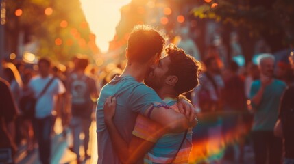 Fototapeta premium Embracing Love: Gay Couple Expressing Affection in a Crowded Public Space