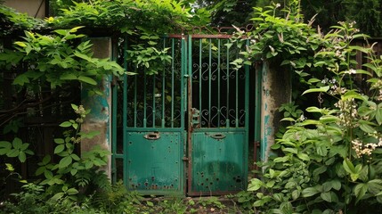 Metal gate painted in green color with a small door garden surrounded by a fence