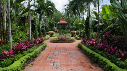 Lush Tropical Botanical Garden with Winding Brick Pathway and Gazebo
