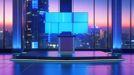 Virtual News Studio Set With City Night Background - 3D Rendering