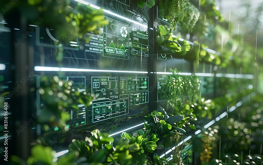 Fototapete ai-driven farm control center with lush green plants and a transparent digital interface displaying 