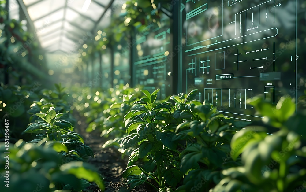 Fototapete ai-driven farm control center with lush green plants and a transparent digital interface displaying 